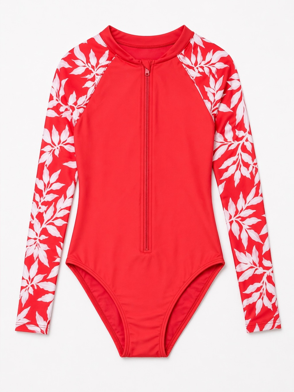 All in Motion Large Coral Red Floral Long Sleeve One Piece Rash Guard Swimsuit - Picture 2 of 11